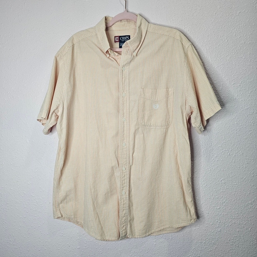 Chaps Womens Striped Short Sleeve Button Down Shirt Large Peach‎ White Crest